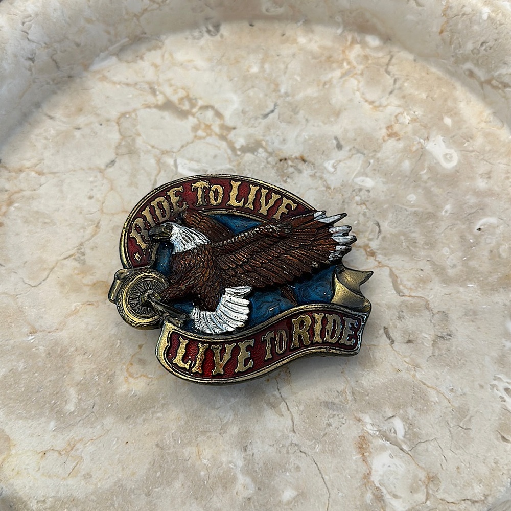 Vintage 1982 Ride to Live, Live to Ride Eagle Belt Buckle.